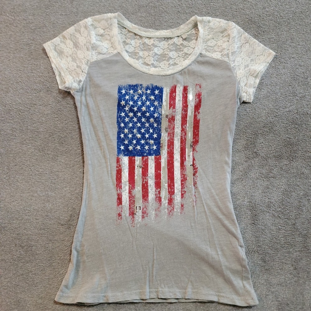 Panhandle‎ Women's Western American Flag Short Sleeve Lace Sleeve T Shirt Size S